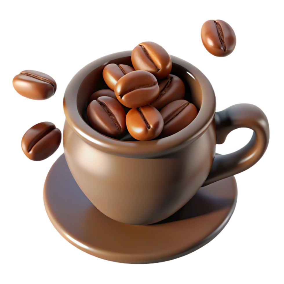 A Brown Ceramic Coffee Cup Filled with Roasted Coffee Beans and More Beans Flying Around It png