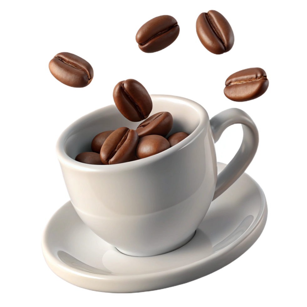 Coffee Beans Falling into a White Cup and Saucer a Delightful Image png