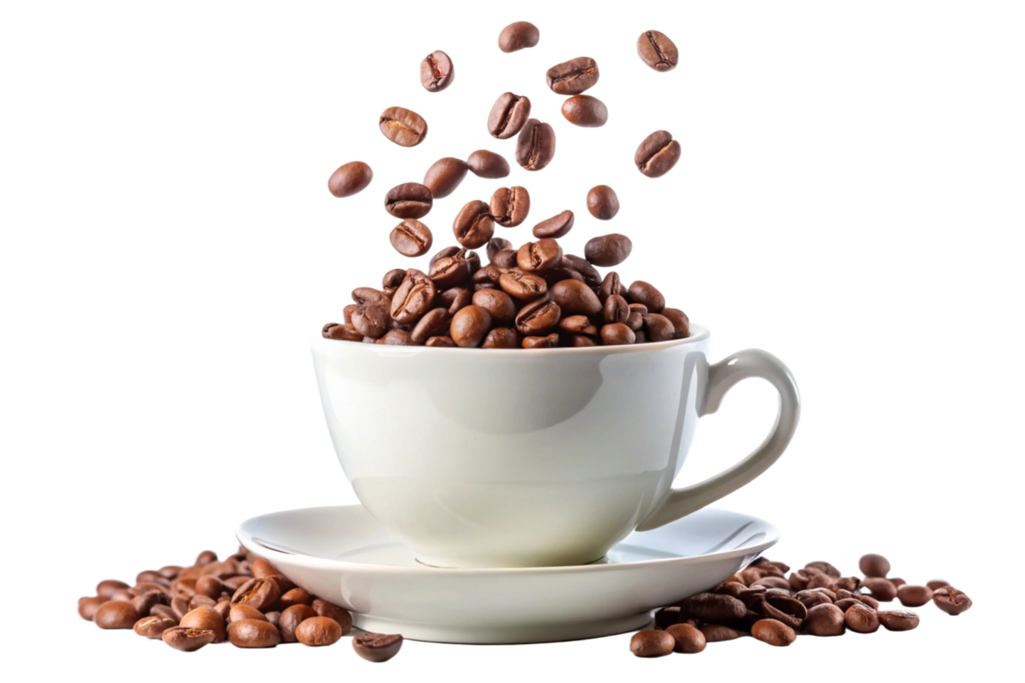 A white coffee cup filled with roasted coffee beans with more beans falling into the cup and scattered on a saucer png