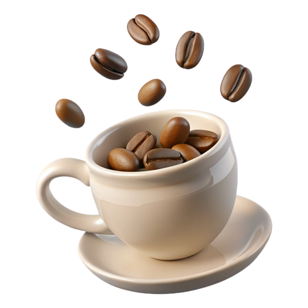 A beige coffee cup with coffee beans falling into it on a saucer png