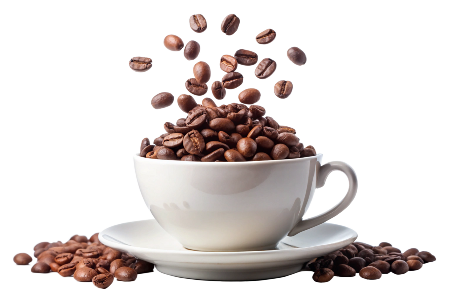 A white coffee cup filled with roasted coffee beans with more beans falling into it and scattered around it on a saucer png