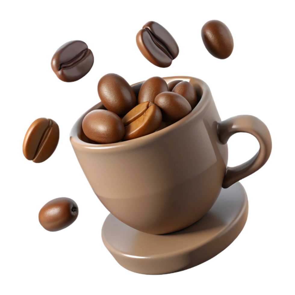 A 3D rendering of a coffee cup overflowing with roasted coffee beans, some beans are falling from the cup png