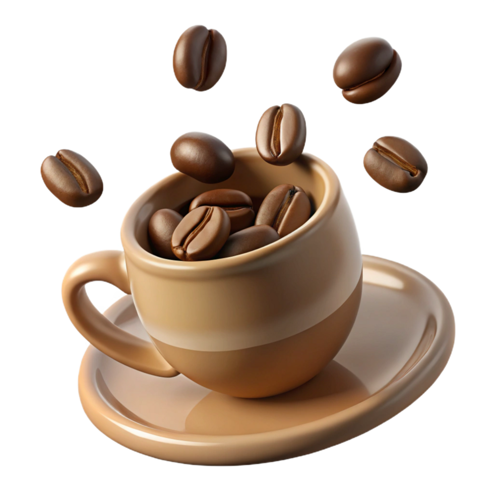 A delightful cup of coffee with coffee beans falling into it a 3D render png