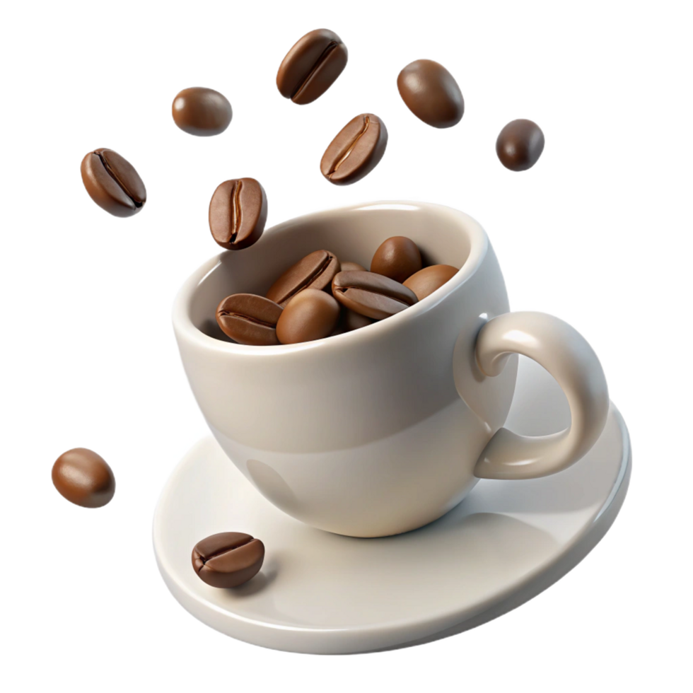 A delightful image of coffee beans falling into a beige coffee cup and saucer png