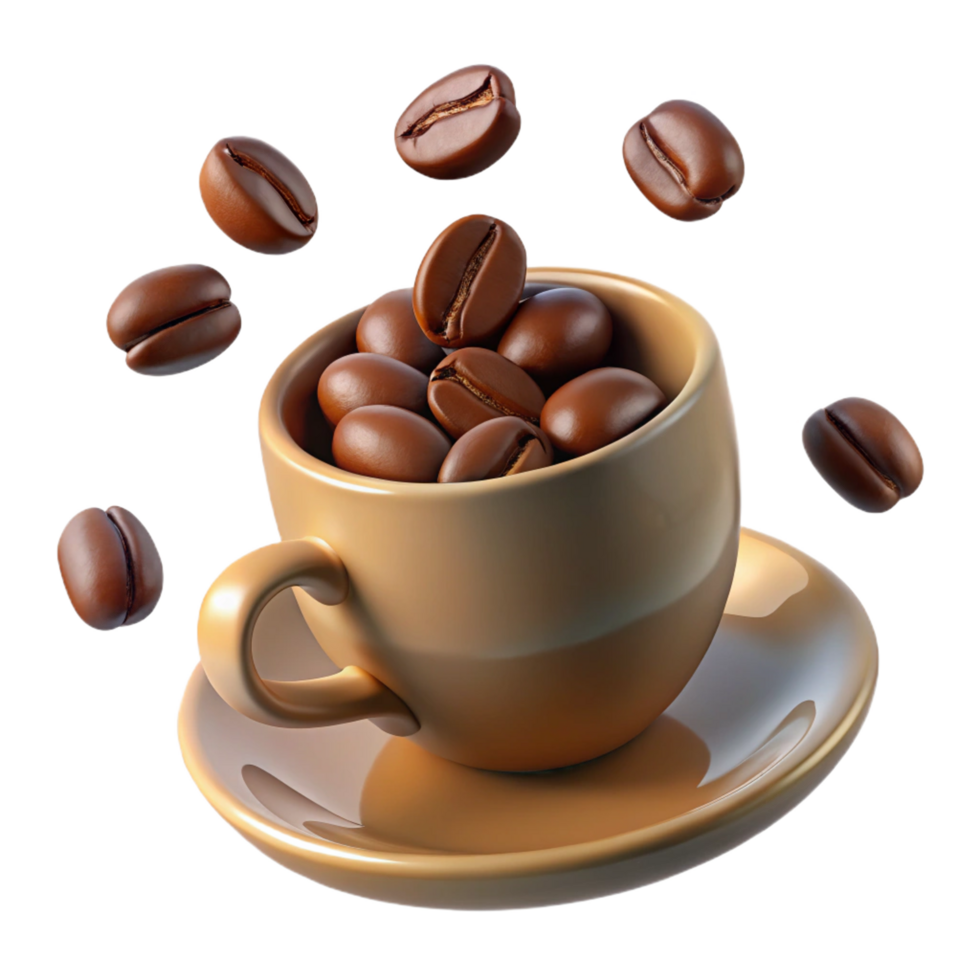 A beige coffee cup filled with roasted coffee beans on a matching saucer with more beans levitating around it against a black background png