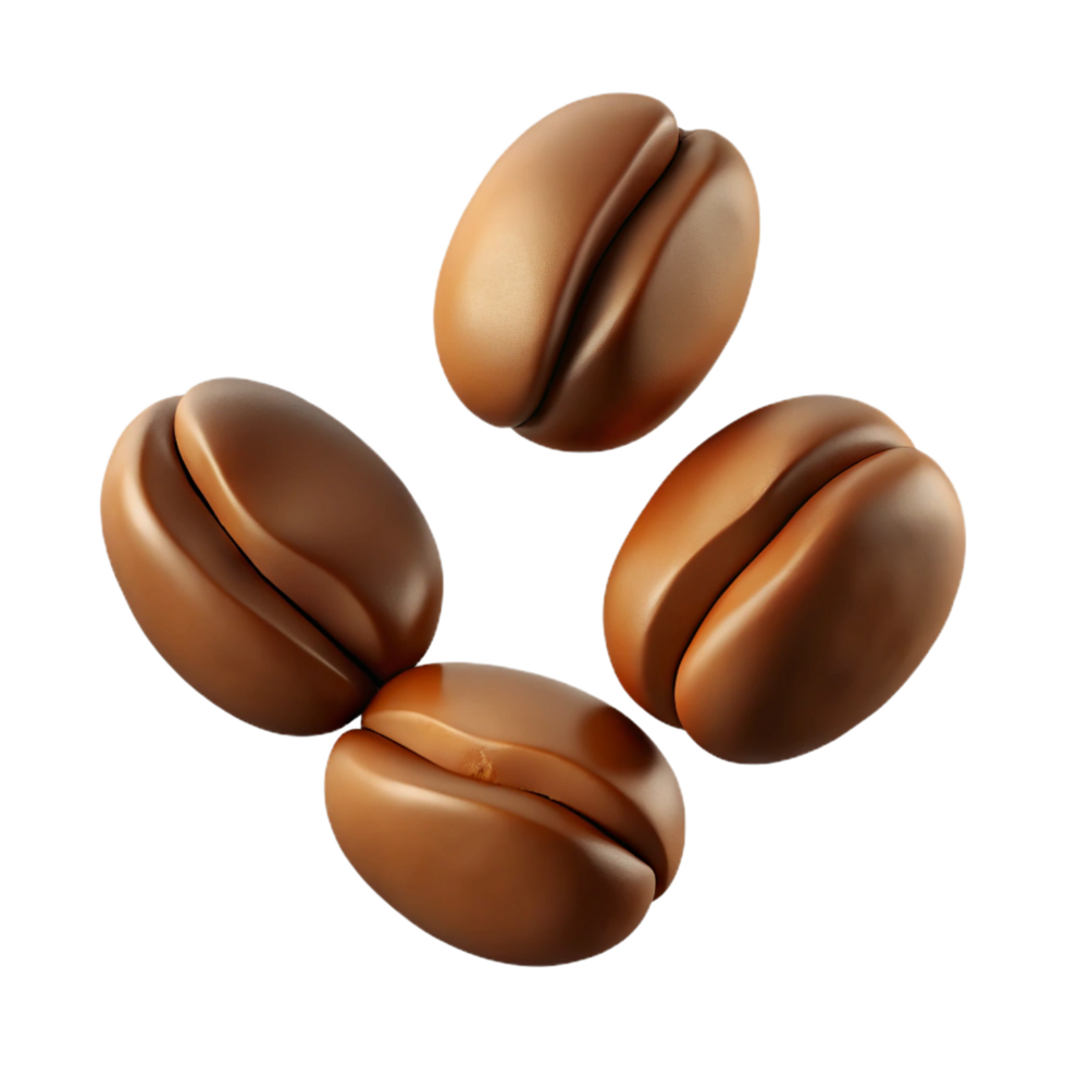 Four Roasted Coffee Beans in Dynamic Composition Against Black Background png