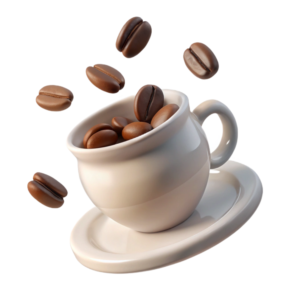 A Delightful 3D Render of Coffee Beans Falling into a CreamColored Cup and Saucer png