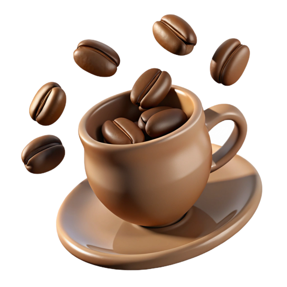 A Delightful 3D Render of Coffee Beans Falling into a Brown Ceramic Coffee Cup and Saucer png