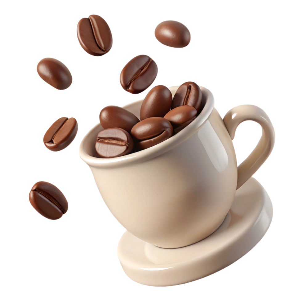 A beige coffee cup filled with aromatic coffee beans with more beans floating in the air png