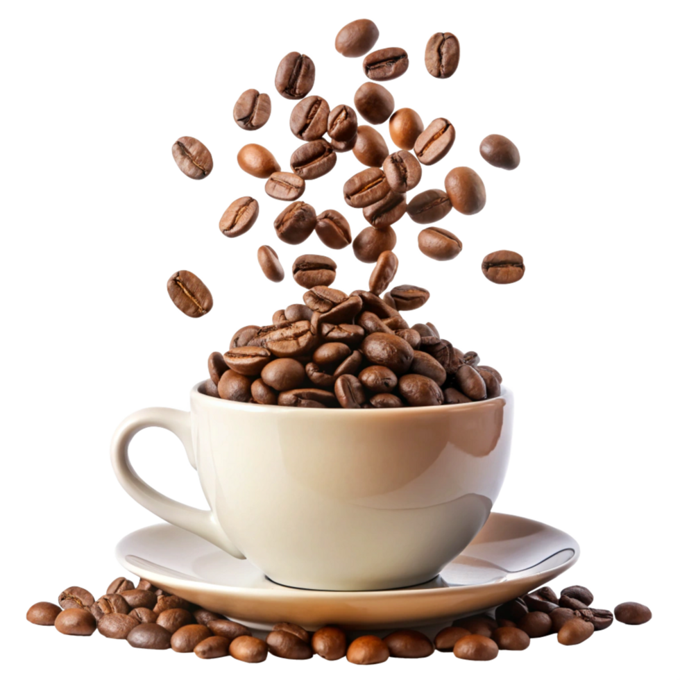 A cup of coffee with roasted beans falling into it a delightful image png