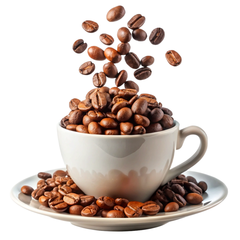 A cup of coffee with roasted coffee beans overflowing and more beans falling into it png