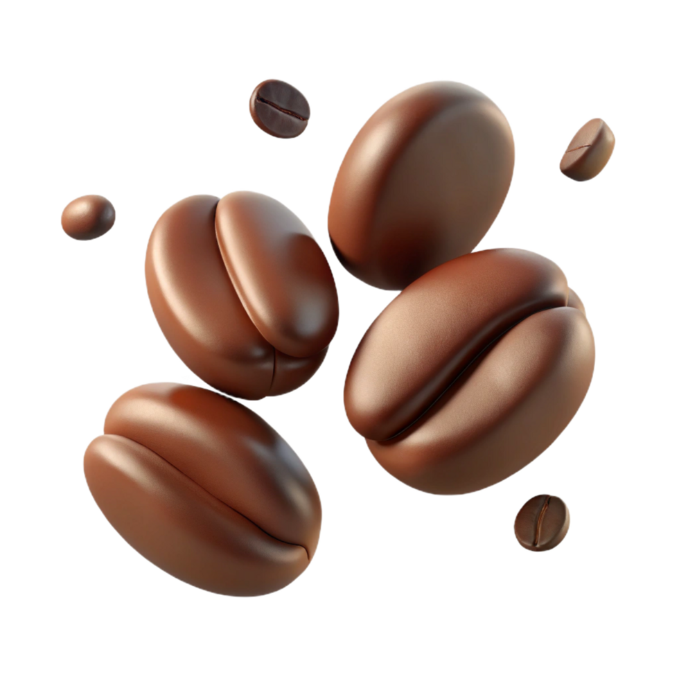 Roasted Coffee Beans Falling in the Air on Black Background 3D Rendering png