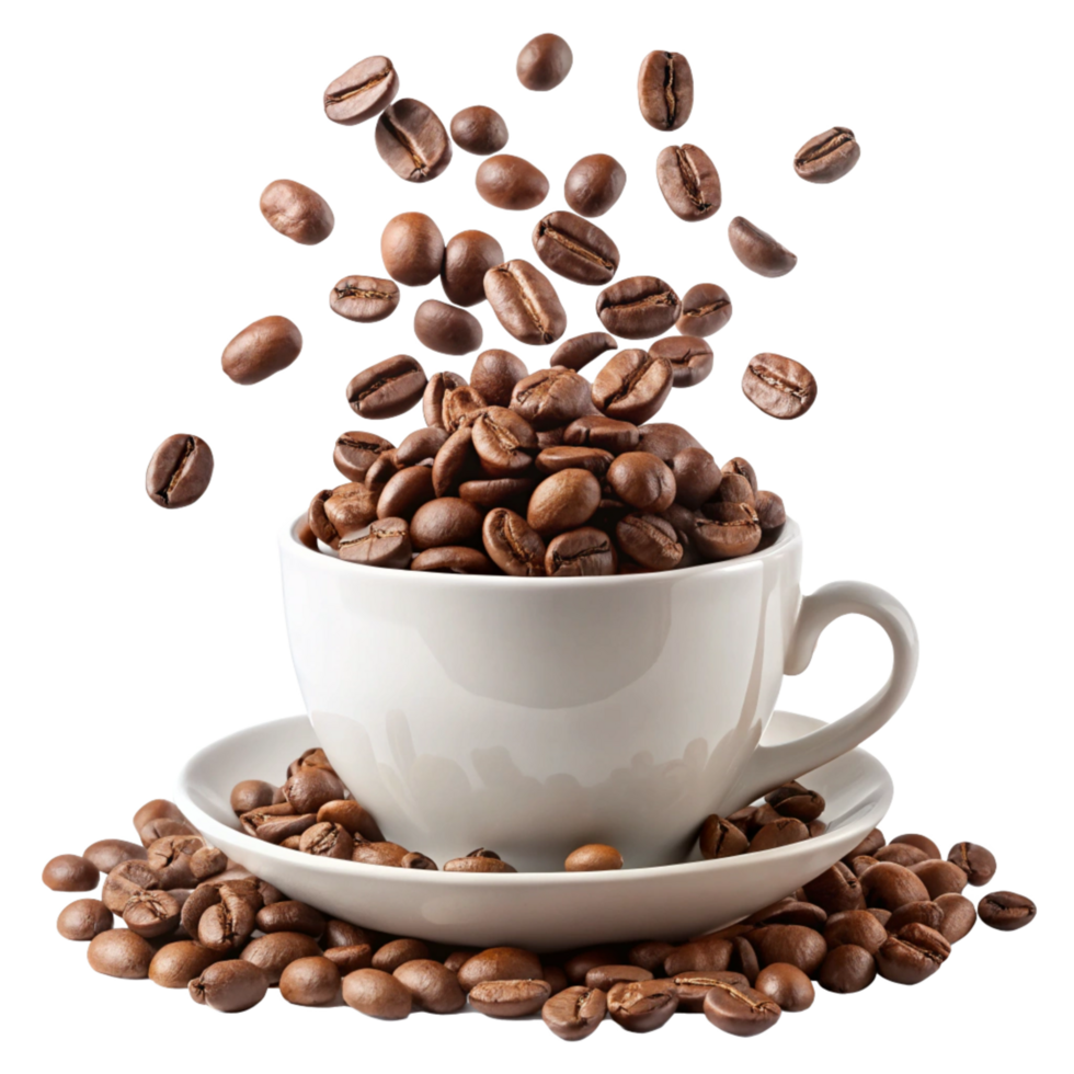 Roasted Coffee Beans in a White Cup and Saucer Surrounded by More Beans png