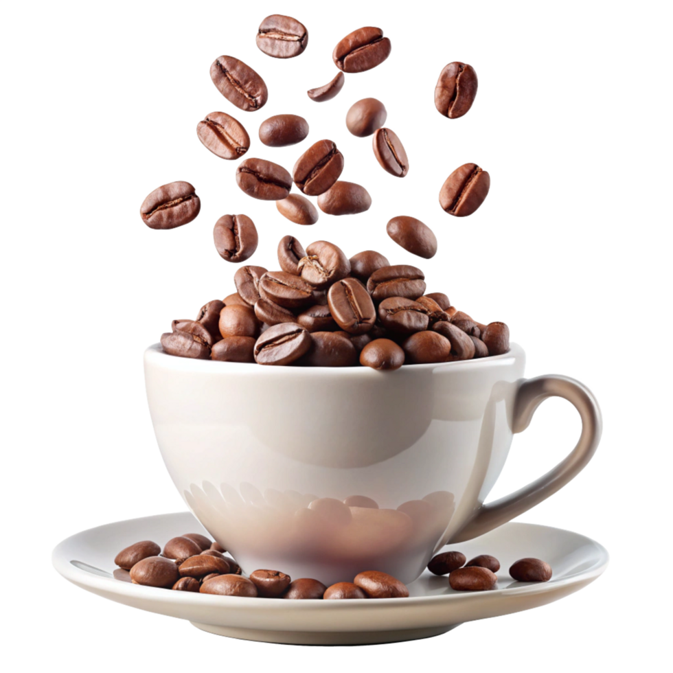 A cup of coffee with roasted beans falling into it, coffee beans on saucer, delicious aromatic coffee png