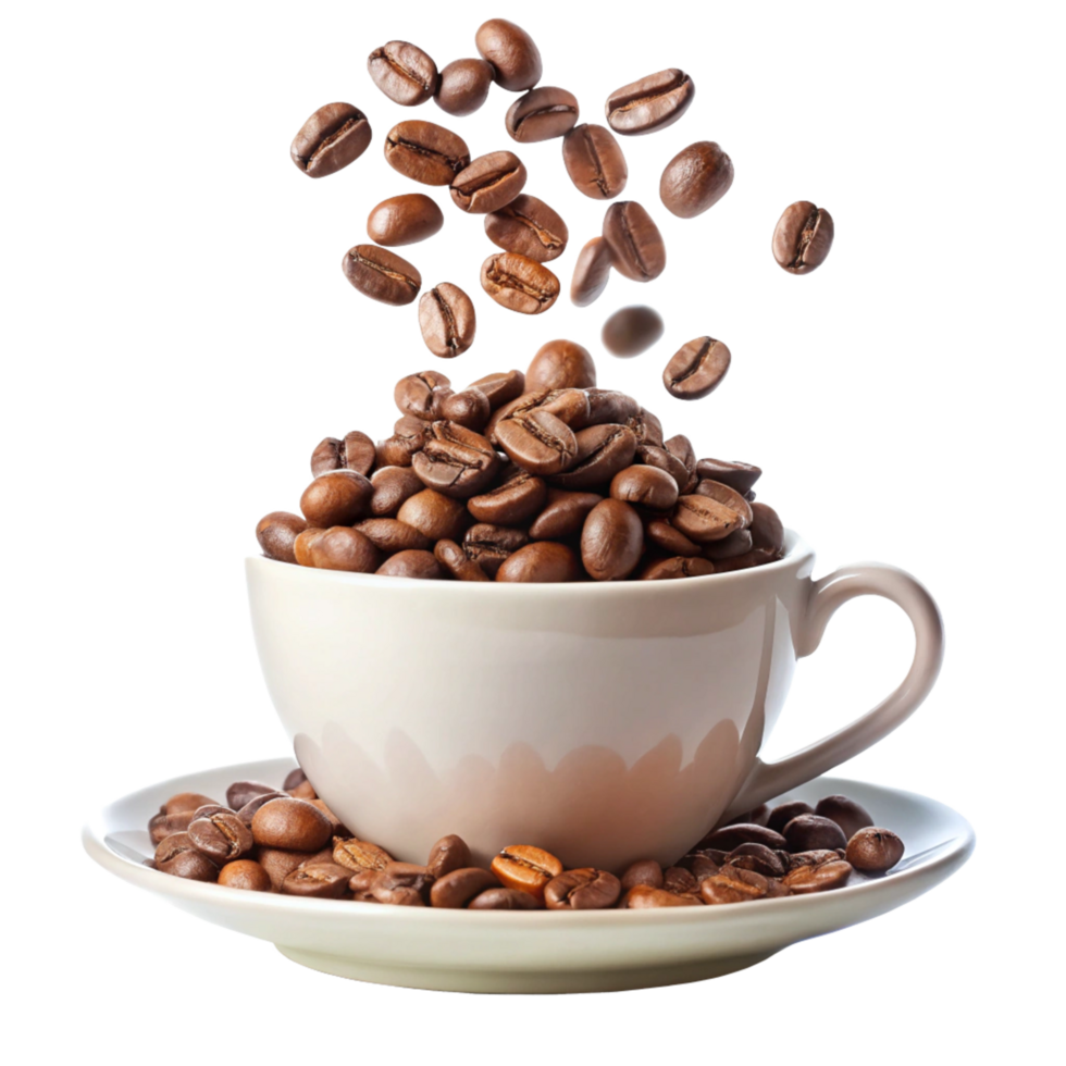 A cup of coffee with roasted coffee beans falling into it and on the saucer png