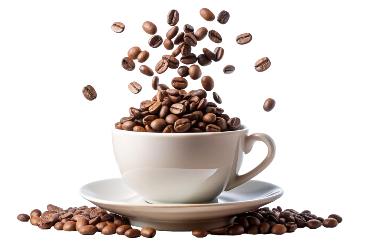 A white cup overflowing with roasted coffee beans against a black background, beans are also falling into the cup png