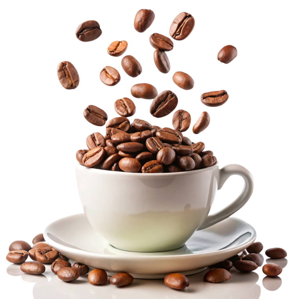Roasted Coffee Beans Falling into a White Cup and Saucer on a Reflective Surface png