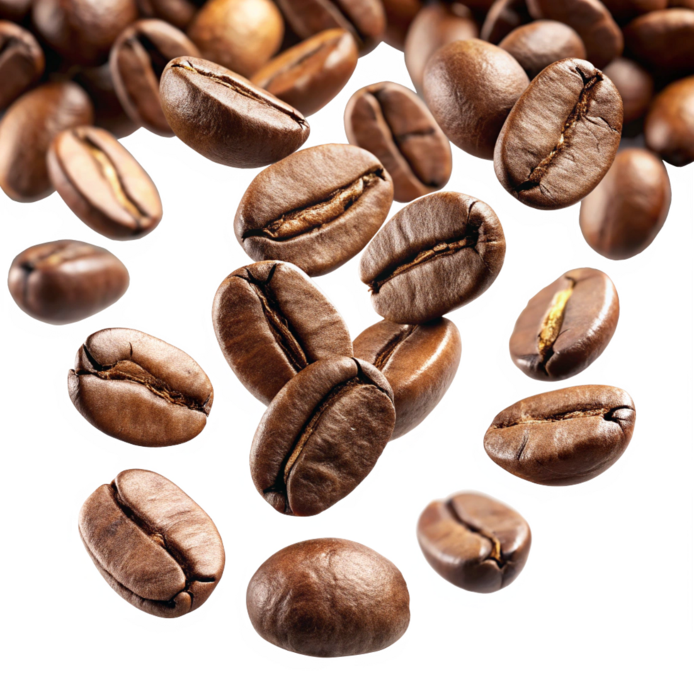 Roasted Coffee Beans Falling on Black Background, Aromatic Coffee Beans in Air, Closeup of Brown Coffee Beans png