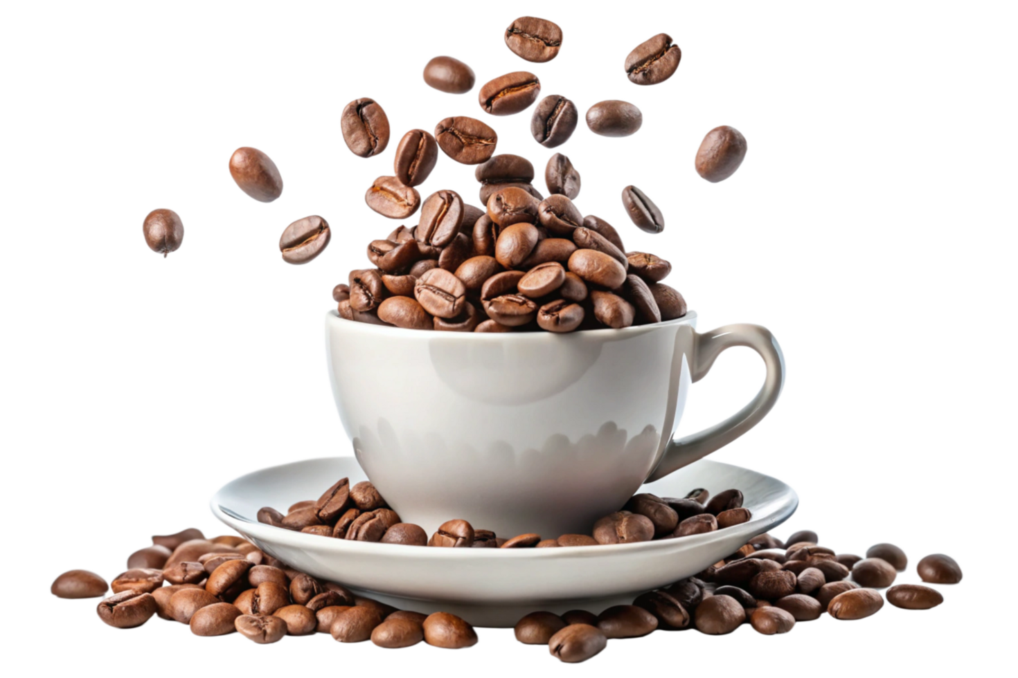 Roasted 3D Coffee Beans Falling into a White Cup and Saucer png