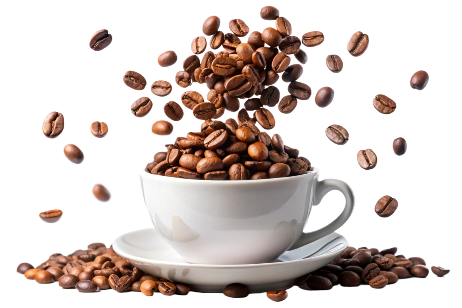 A white cup filled with roasted coffee beans with more beans levitating and scattered around it png