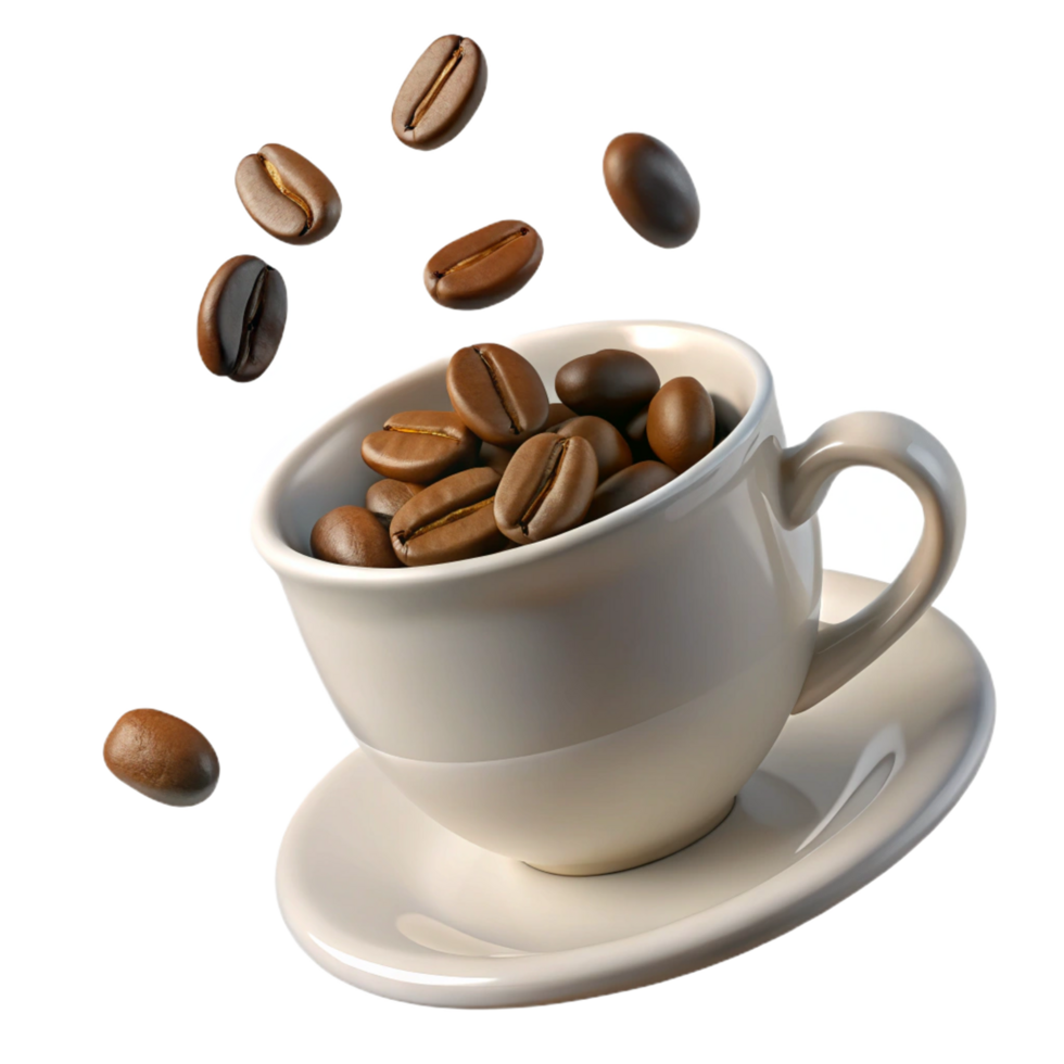 Coffee Beans Falling into a White Coffee Cup and Saucer png