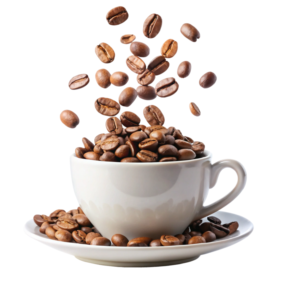 Coffee Beans Falling into a White Cup and Saucer png