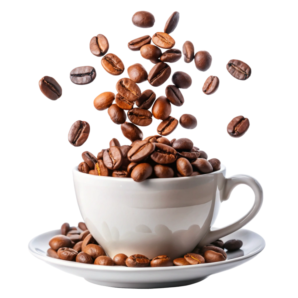 Roasted Coffee Beans Falling into a White Coffee Cup on Saucer png