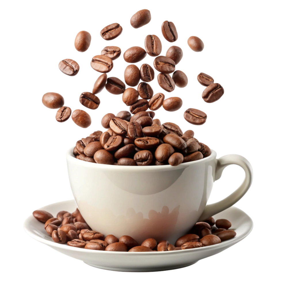 A cup of coffee with roasted beans falling into it, coffee beans on saucer, fresh coffee, aromatic coffee, invigorating drink, caffeine boost, morning beverage, energy drink, hot coffee png