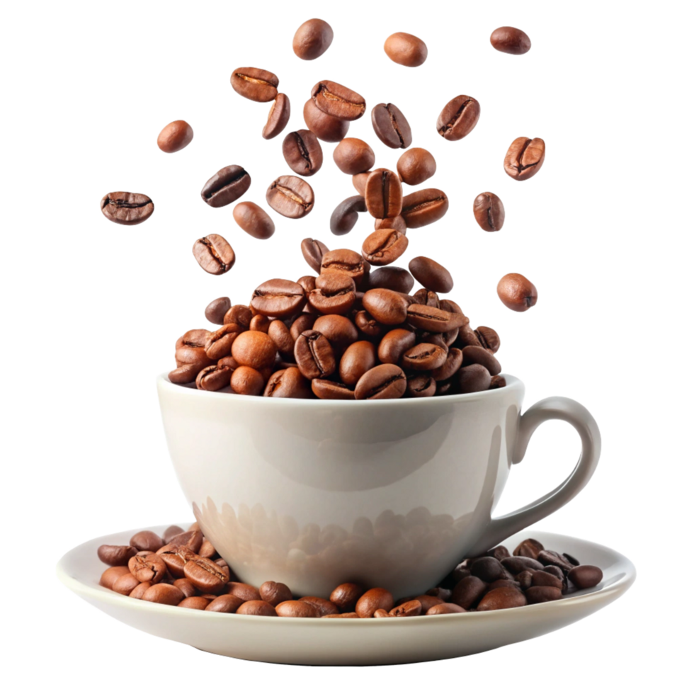 Roasted Coffee Beans Falling into a White Coffee Cup png