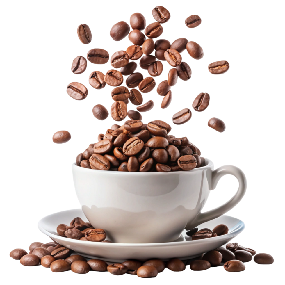 Roasted 3d Coffee Beans Falling into a White Coffee Cup and Saucer png