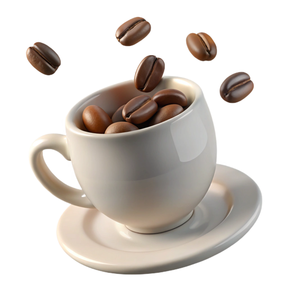 A cup of coffee with coffee beans falling into it, 3D rendering image png