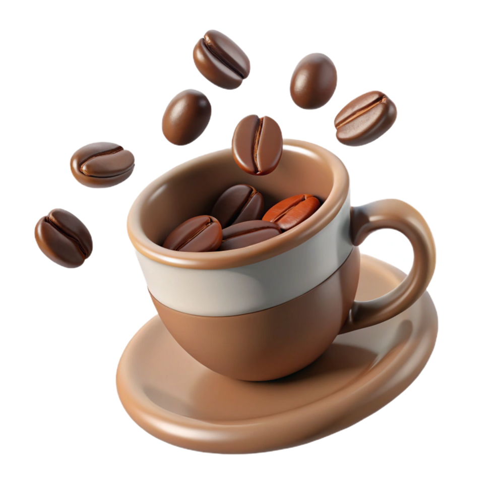 Coffee Beans Falling into a Brown Cup and Saucer A Delightful 3D Render png