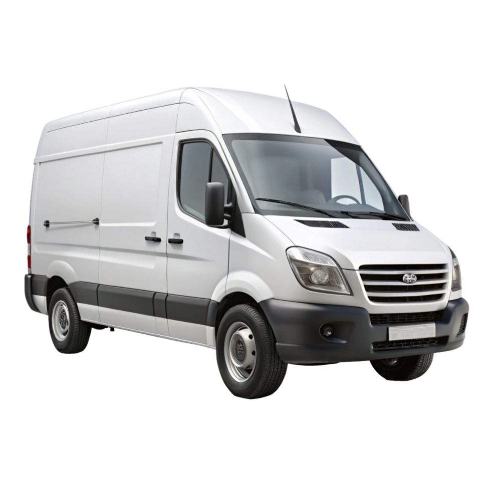 A pristine white commercial cargo van isolated on a black background png