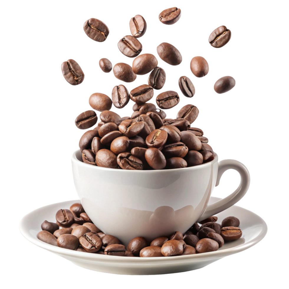 A cup of coffee with roasted coffee beans spilling out and floating in the air png