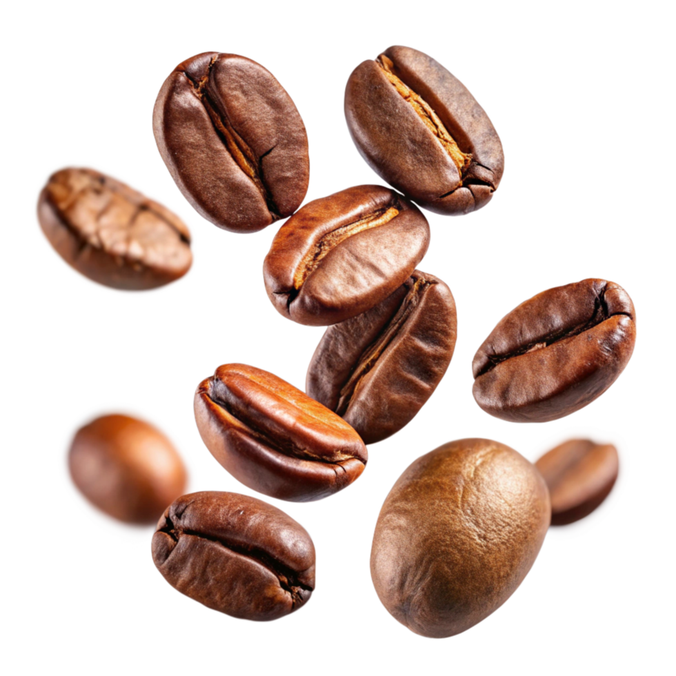 Roasted Coffee Beans Falling on Black Background Detailed Closeup Studio Shot png