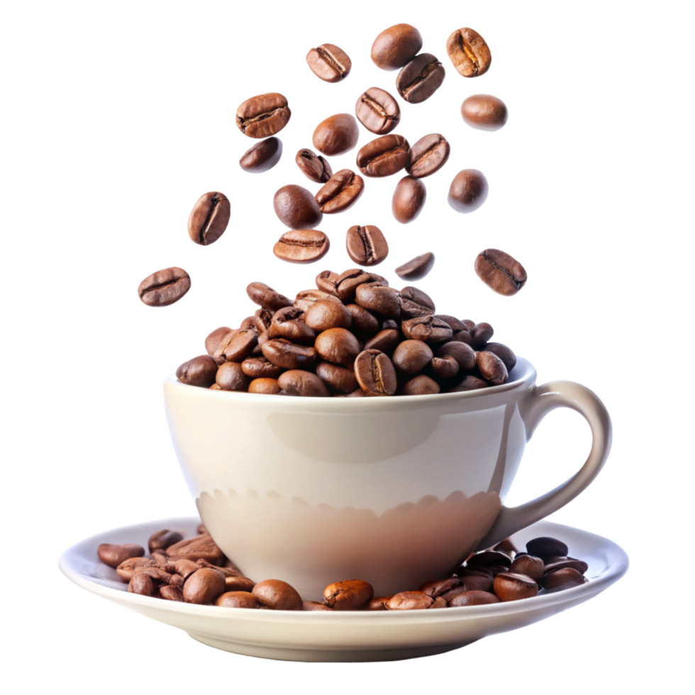 A cup of coffee with roasted beans falling into it, a delicious aroma png