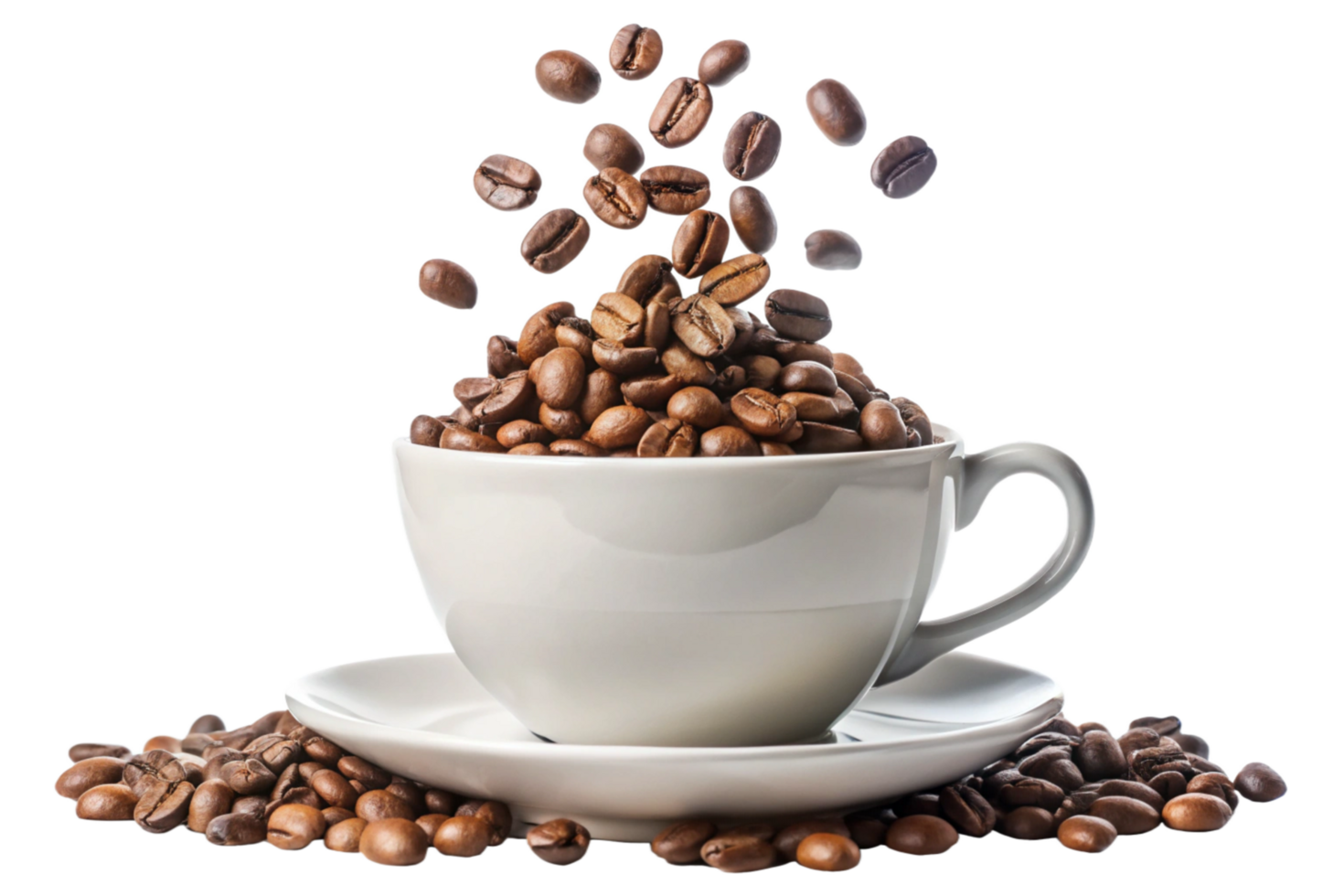 A white coffee cup filled with roasted coffee beans and more beans are falling into the cup and scattered on a saucer and the table png