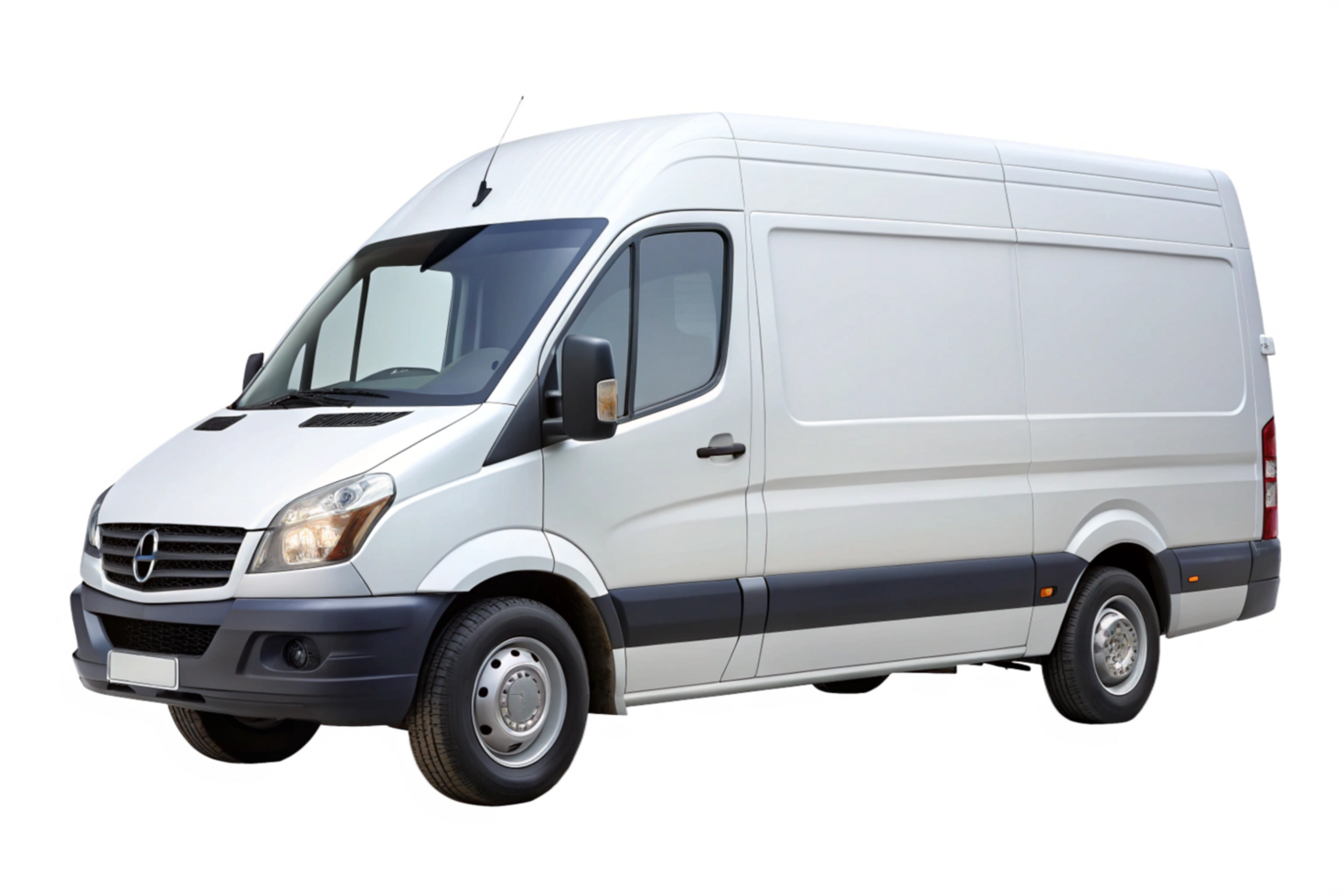 A pristine white MercedesBenz Sprinter cargo van, showcasing its sleek design and robust build, perfect for commercial use or personal adventures png