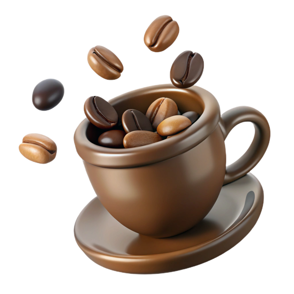 A 3D rendering of a brown coffee cup overflowing with roasted coffee beans, some beans are playfully bouncing in the air around the cup and saucer png