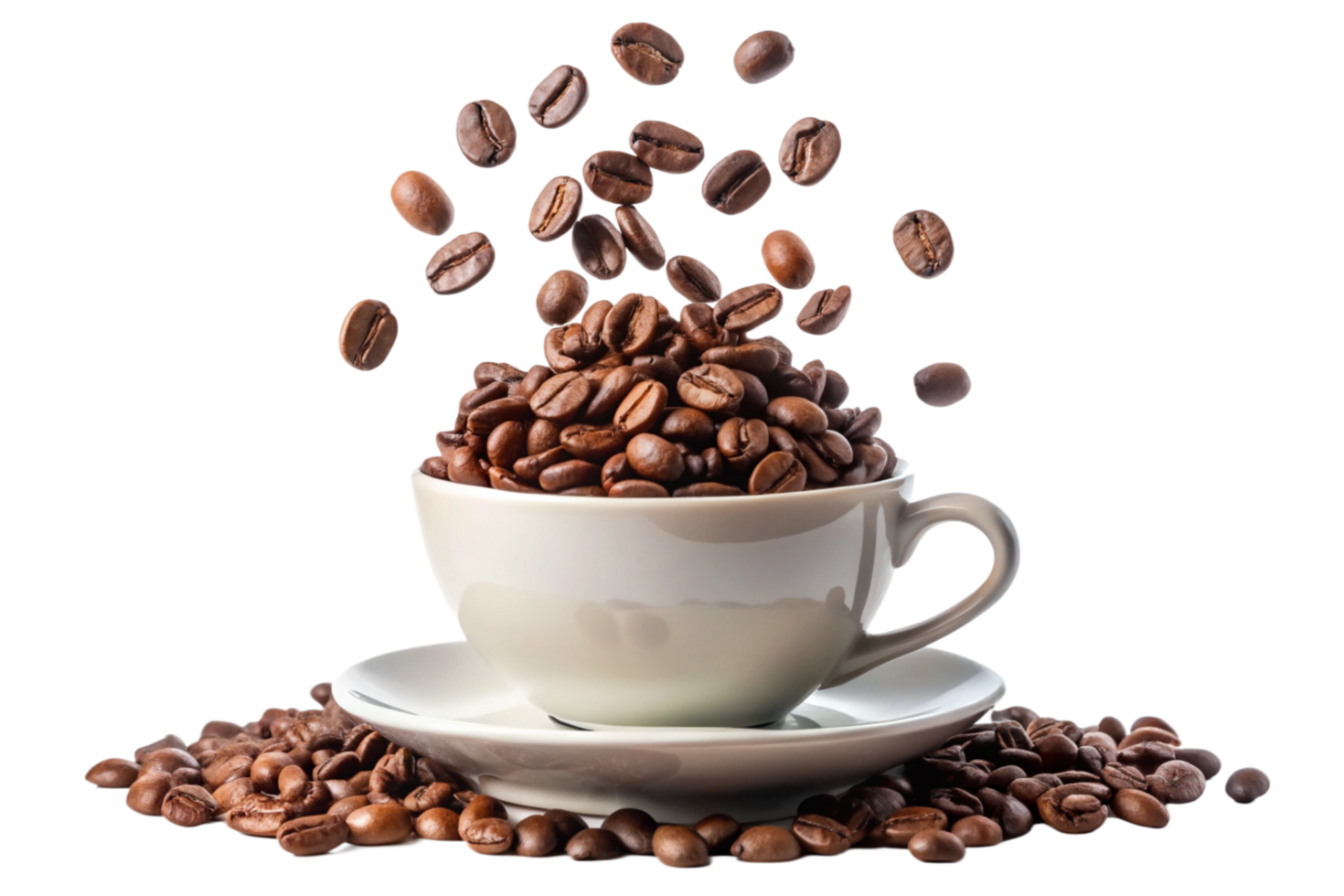 A white cup filled with roasted coffee beans with more beans scattered around and floating in the air png