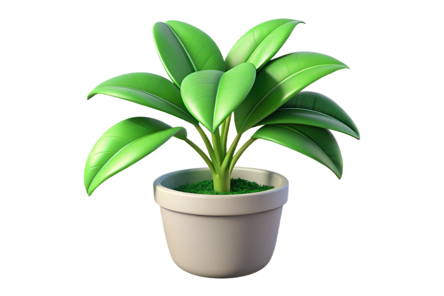A vibrant green potted plant with glossy leaves in a simple white pot, isolated on black background, 3D rendering, realistic digital illustration, houseplant, home decor png