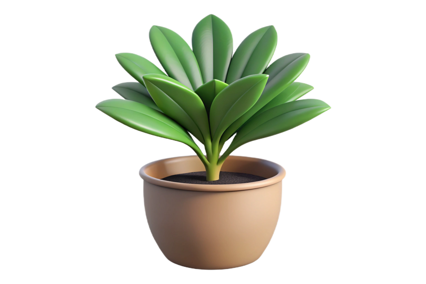 A vibrant green potted plant with multiple leaves in a beige pot, digitally rendered in 3D, isolated on a black background png