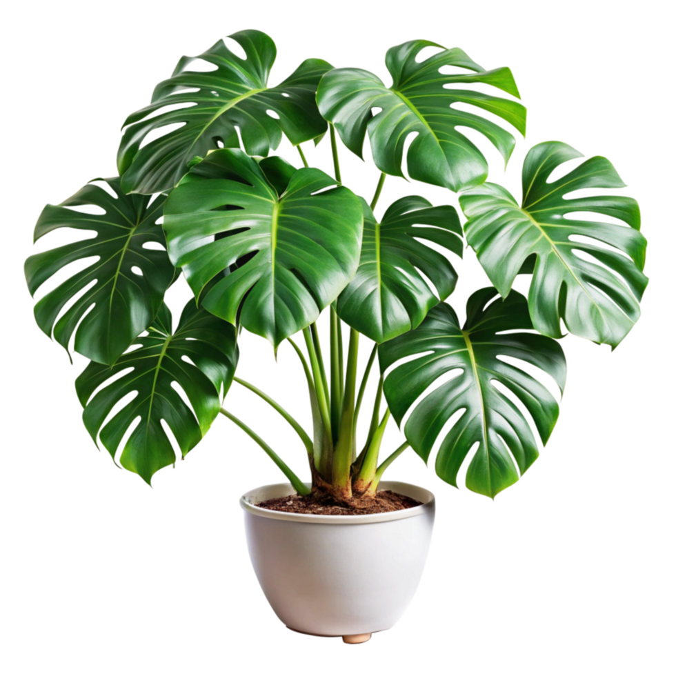 Lush Green Monstera Deliciosa Houseplant in a White Pot, Vibrant Foliage, Tropical Plant, Indoor Gardening png