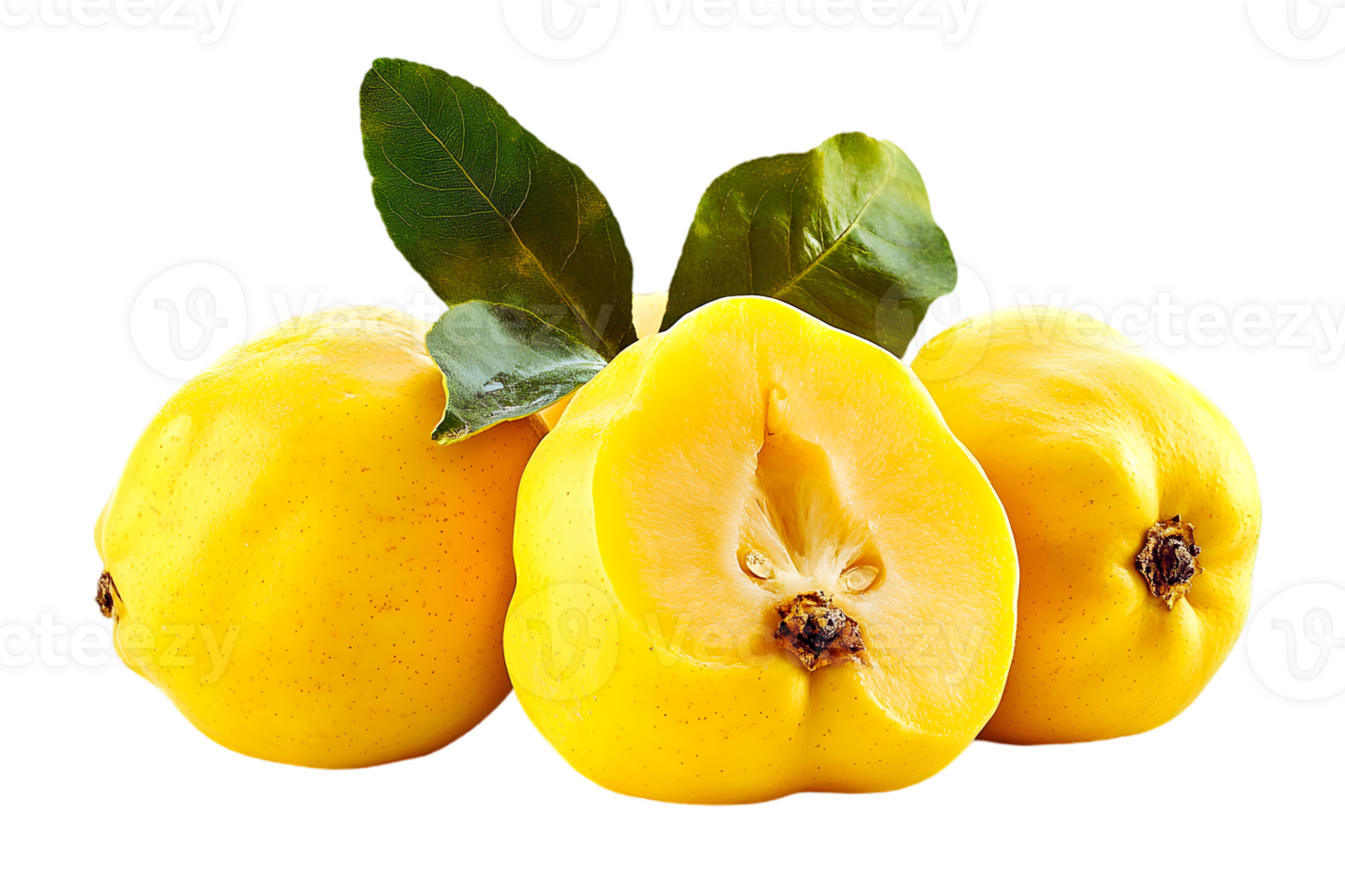 Fresh Yellow Quinces with Leaves Isolated png