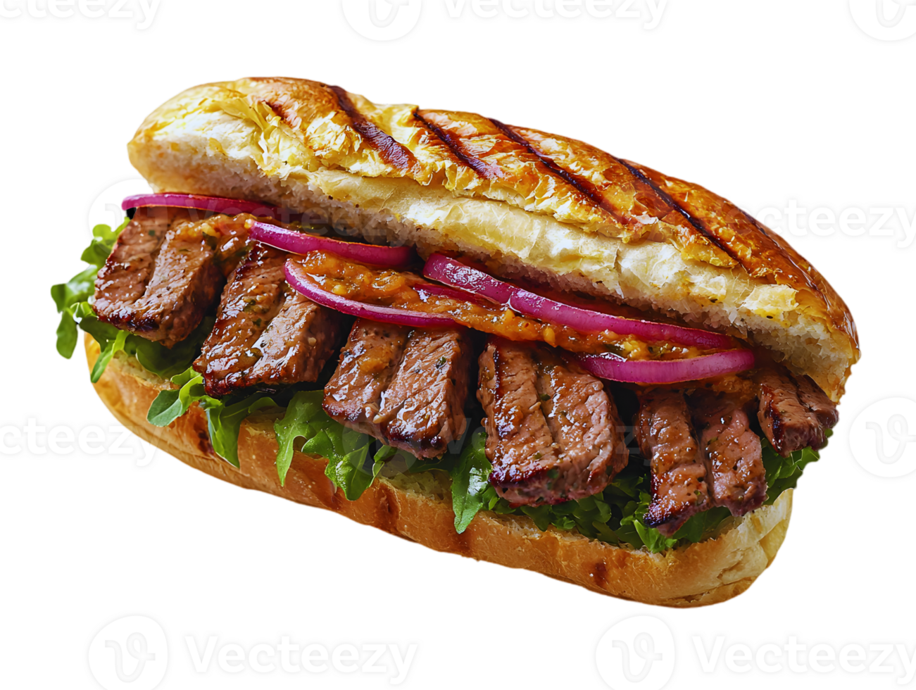 Grilled Beef Steak Sandwich With Red Onion And Sauce png