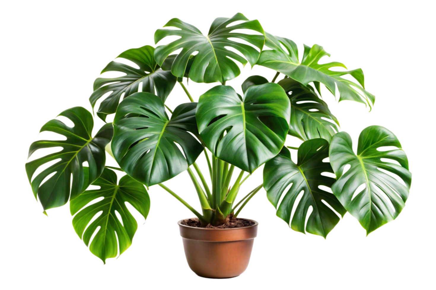 Lush Green Monstera Deliciosa Houseplant in a Brown Pot Against a Black Background png