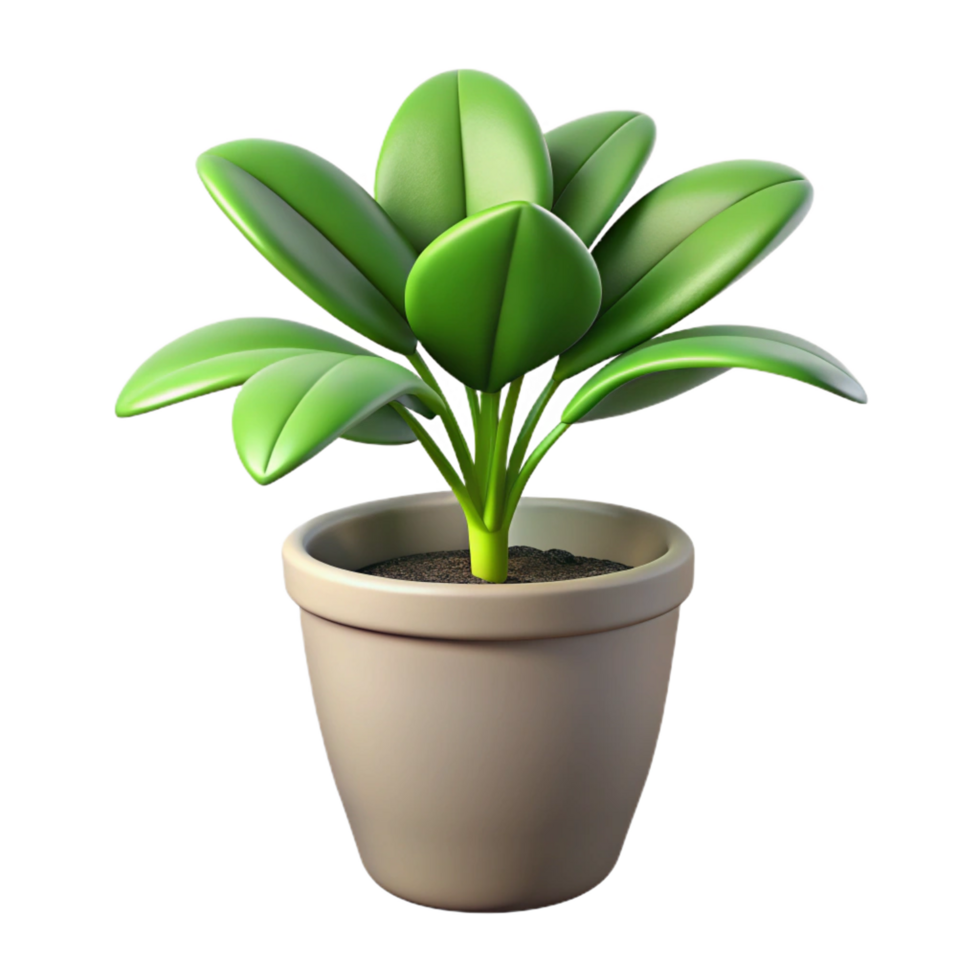 A vibrant green potted plant with multiple leaves in a beige pot, digitally rendered 3D illustration png