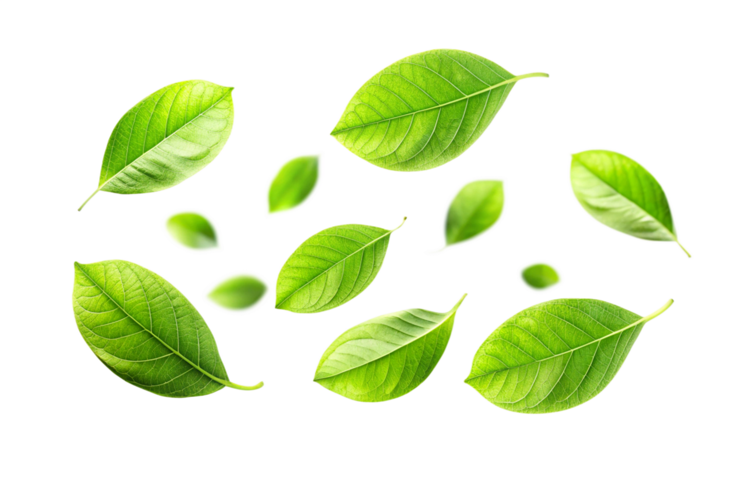 Vibrant Green Leaves and Buds Floating on Black Background Botanical Illustration png