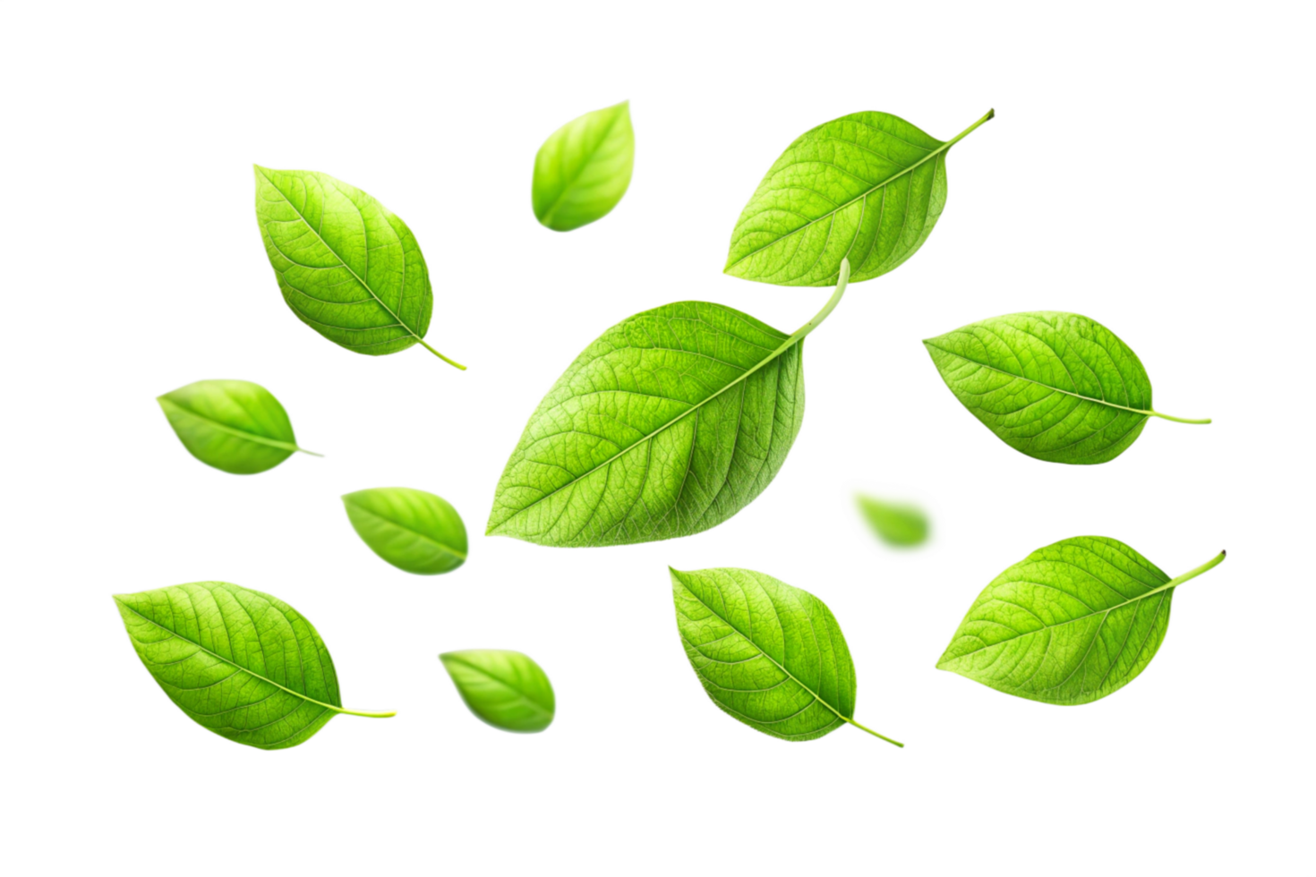 Vibrant Green Leaves Falling on Black Background Beautiful Nature Photography png