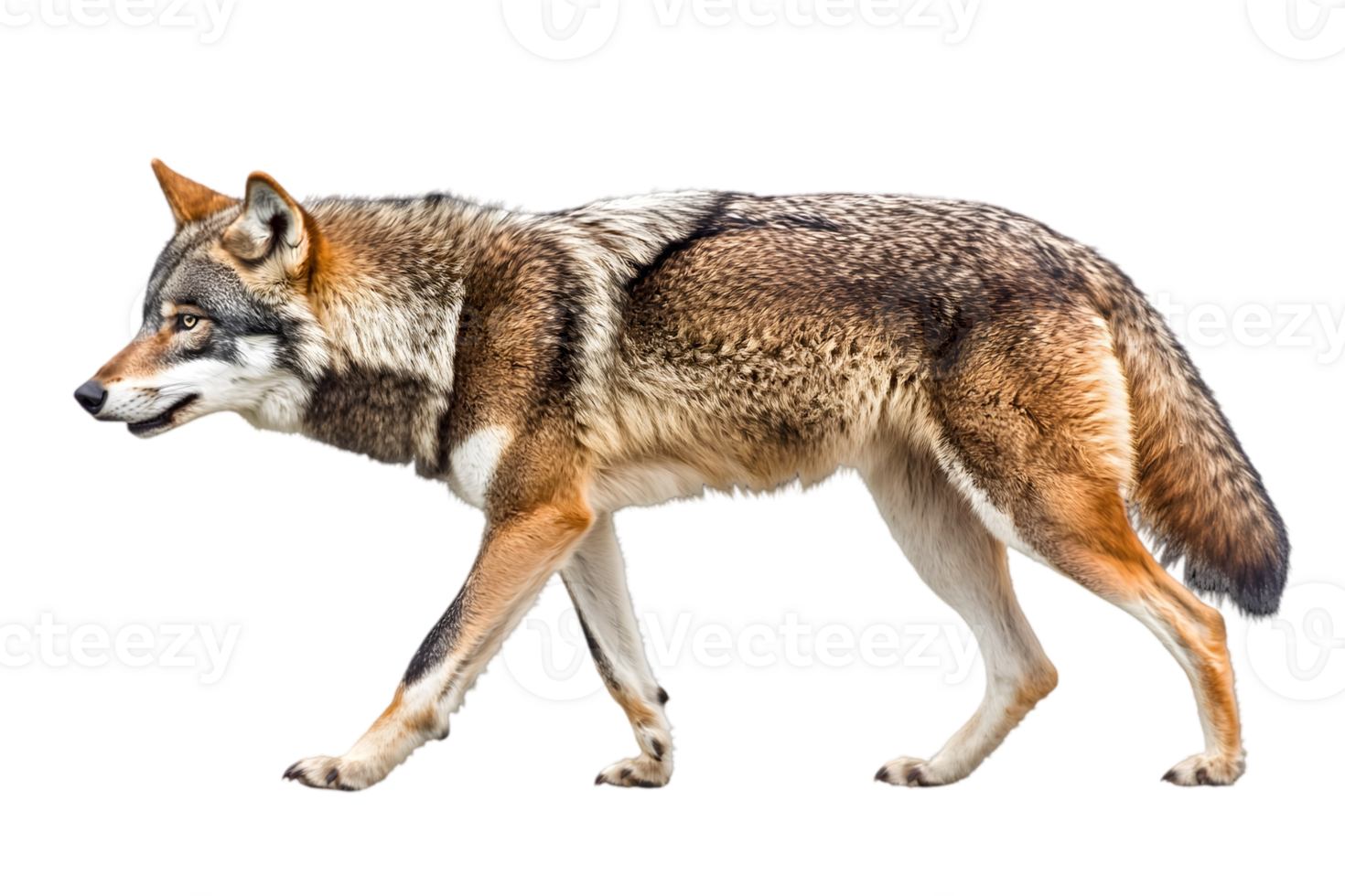 Profile View Of A Walking Red Wolf Against Black Background png